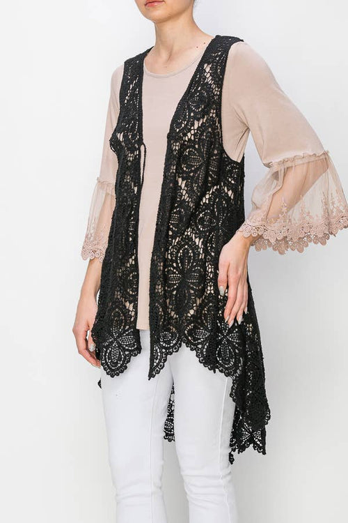 Close-up of the Origami black crochet open vest showing the openwork pattern and scalloped hem