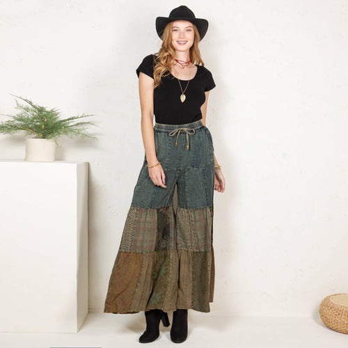 Young Threads - Boho chic Tiered Patch Inserted Denim &Knit Pants(New Color)