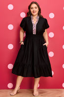 Black Leopard V Neck Patchwork Smocked Waist Plus Size Ruffled Dress