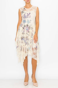 Origami Apparel ~  Lace and Crochet inspired - Whimsical Sleeveless Lace Midi Dress With Unattached Slip - 4609BG EMBO FL