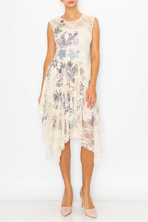 Origami Apparel ~ Lace and Crochet inspired - Whimsical Sleeveless Lace Midi Dress With Unattached Slip - 4609BG EMBO FL