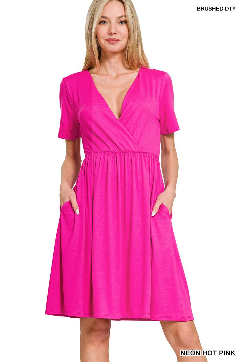 42POPS - 0719 Brushed Dty Buttery Soft Fabric Surplice Dress w/ pockets SI