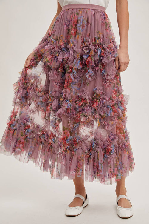 Bluivy - FLORAL RUFFLED MESH MIDI SKIRT