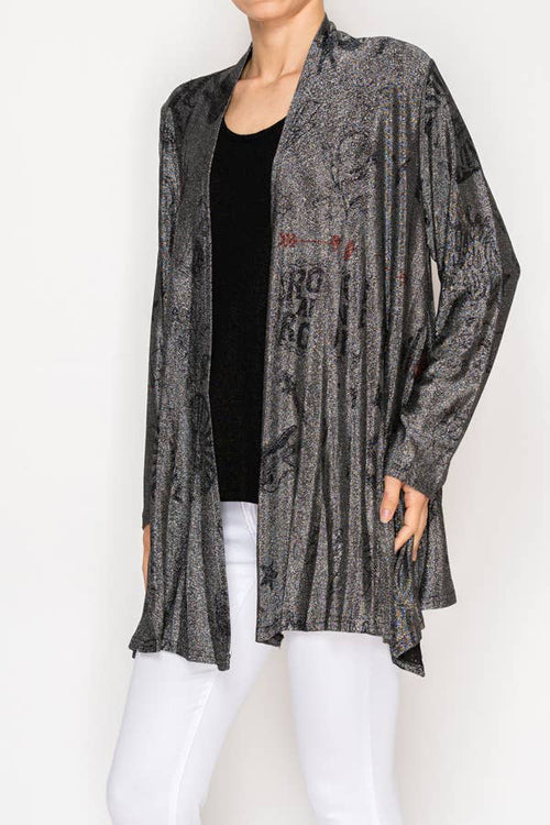 Origami Apparel ~ Lace and Crochet inspired - Rock & Roll Printed Shimmery Lurex Cardigan - OLS-4883BK-SIL RNR