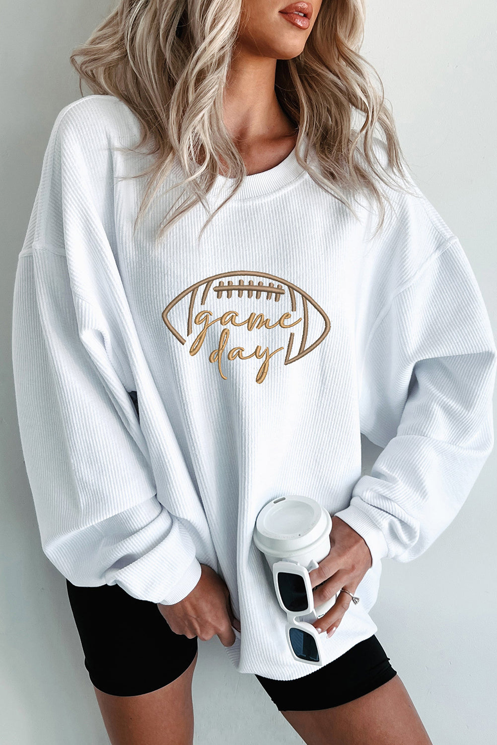 White Football Graphic Game Day Embroidered Corded Sweatshirt