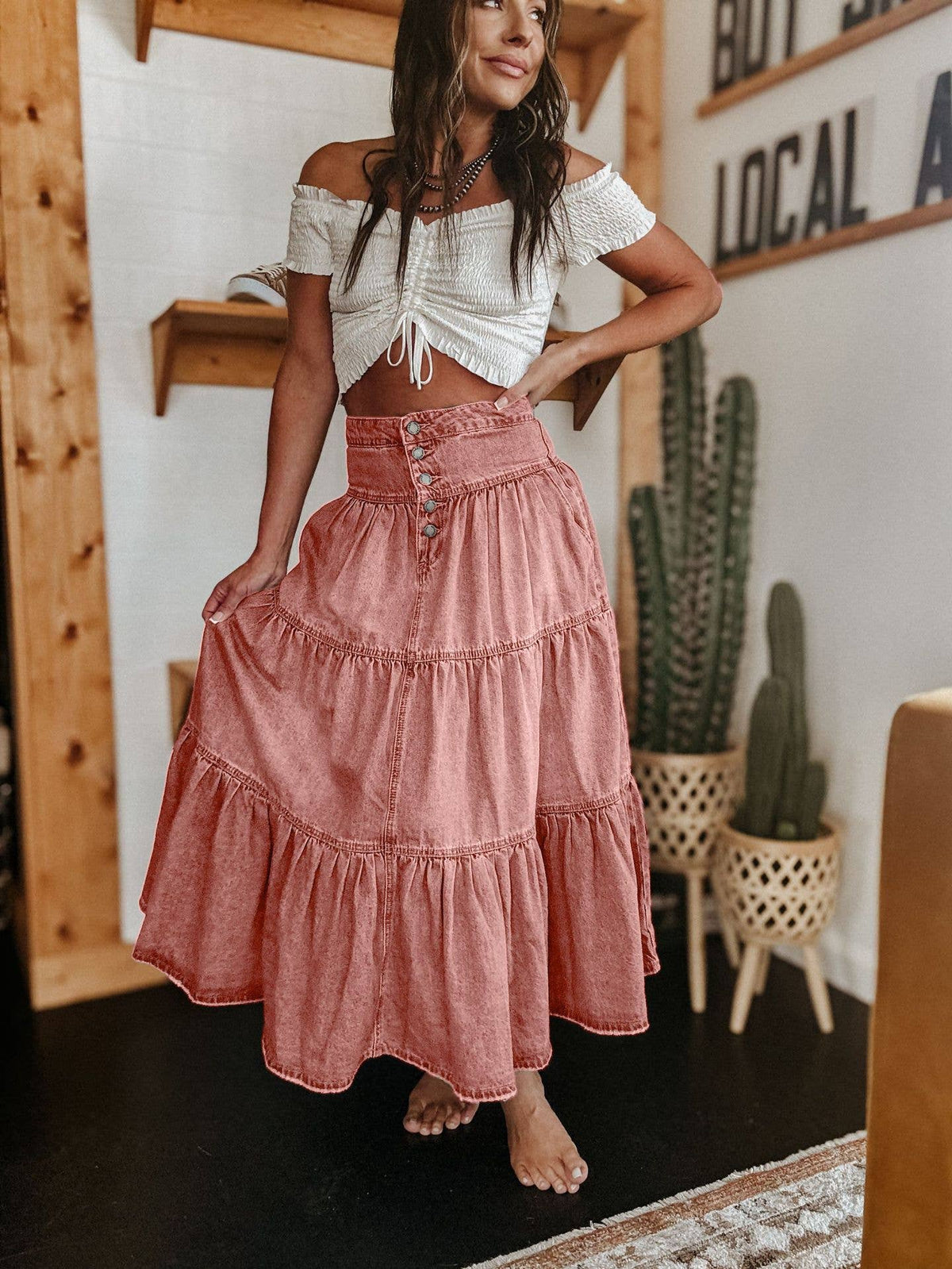Hope & Sunshine - Bohemian Tiered Denim Skirt A-Line