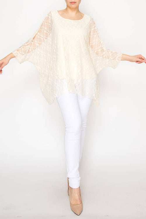 Origami Apparel ~ Lace and Crochet inspired - Subtly Glam Lace Overlay Top With Lining & Sparkles - 4853BEIGE