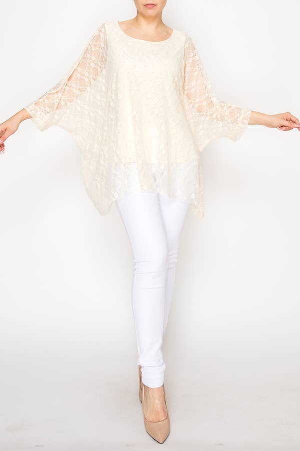Origami Apparel ~ Lace and Crochet inspired - Subtly Glam Lace Overlay Top With Lining & Sparkles - 4853BEIGE