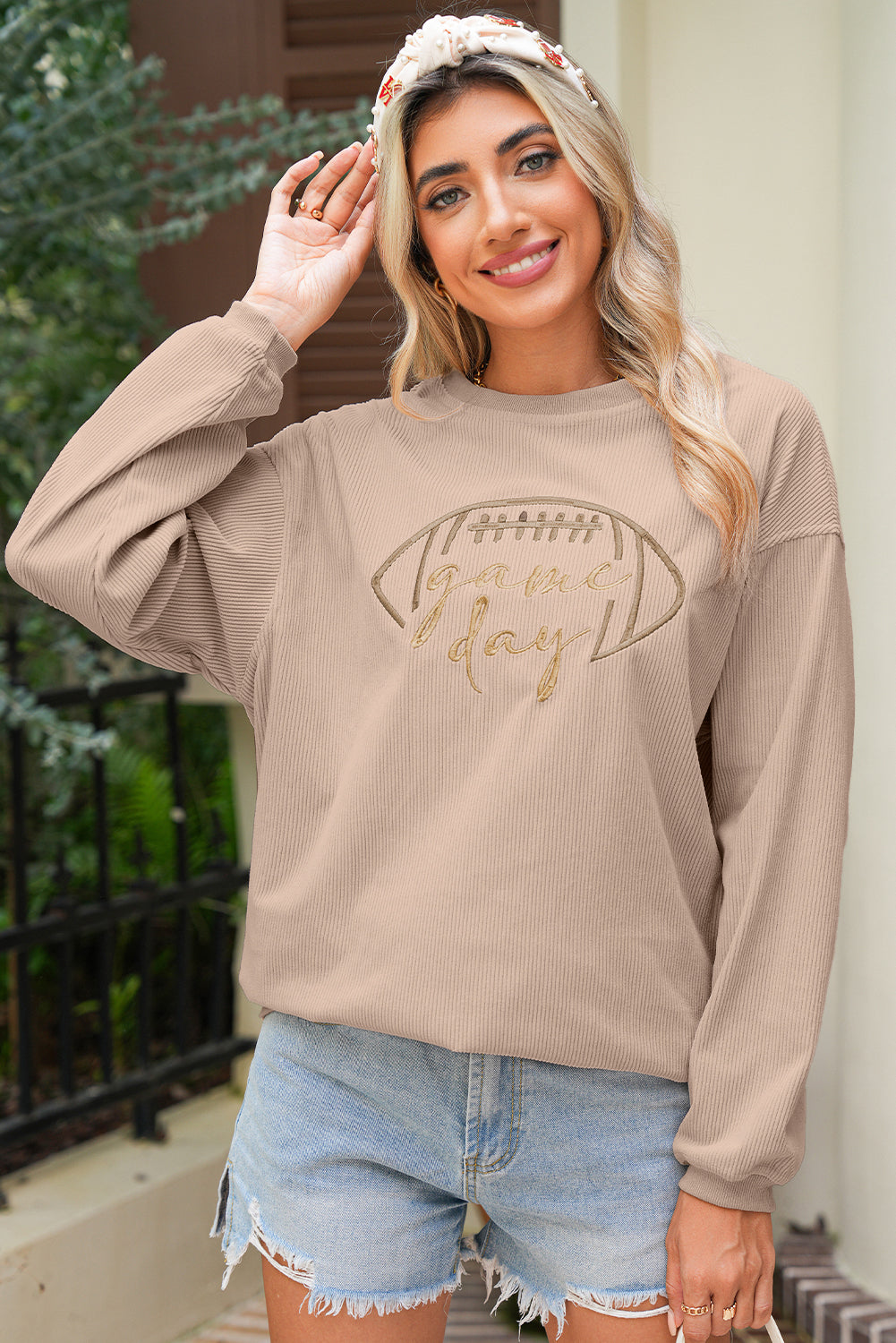 White Football Graphic Game Day Embroidered Corded Sweatshirt