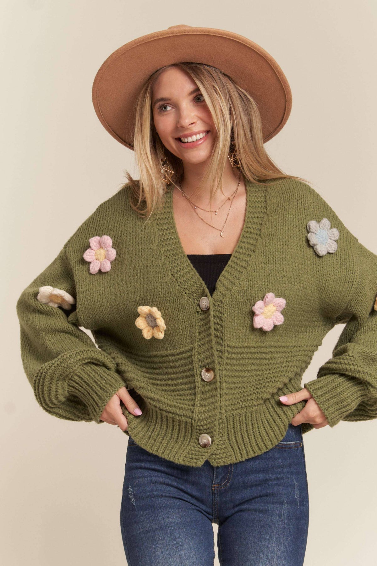 Madelyn - LESW2654- FLORAL PATCHED SWEATER CARDIGAN