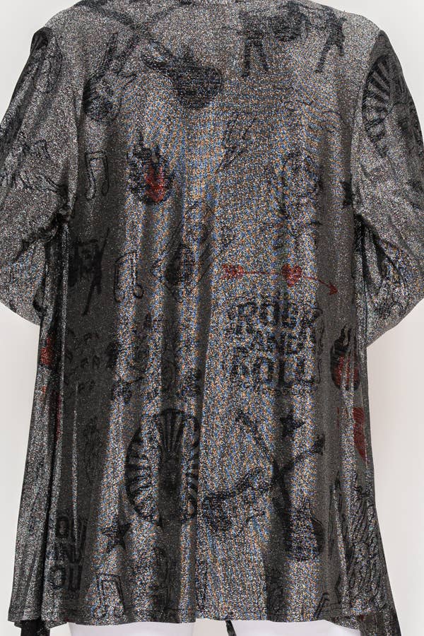 Origami Apparel ~ Lace and Crochet inspired - Rock & Roll Printed Shimmery Lurex Cardigan - OLS-4883BK-SIL RNR