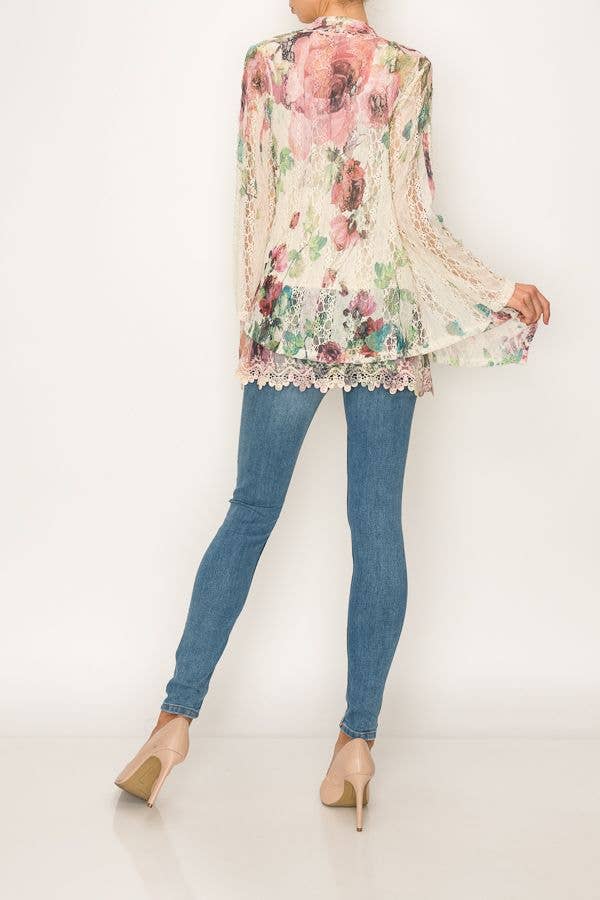 Origami Apparel ~ Lace and Crochet inspired - Feminine Stretchy Snug Long Sleeve Lace Cardigan - 493BIG ROSE