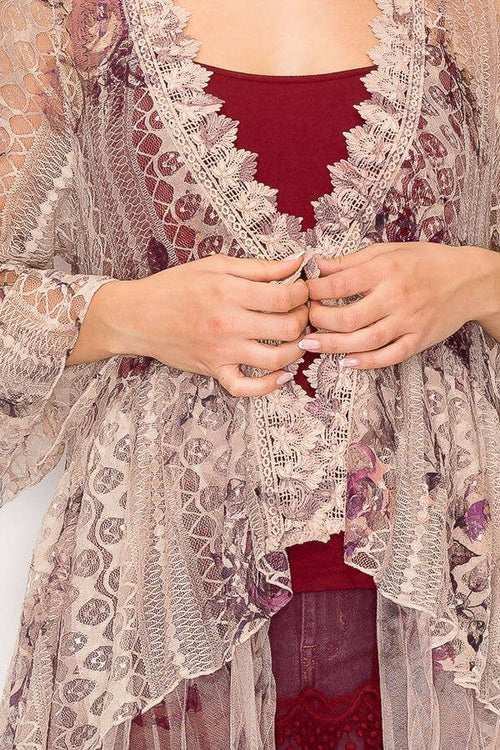 Origami Apparel ~ Lace and Crochet inspired - Ethereal Lace Tiered High-Low Kimono Cardigan - 4508 TAUPE/2 ROSE