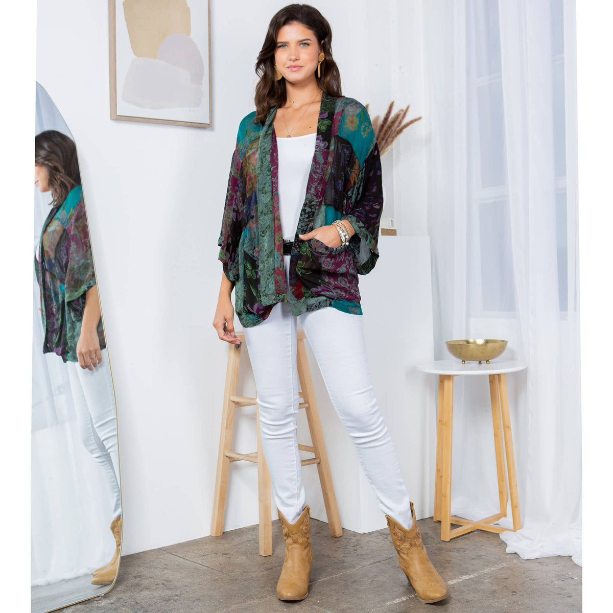 YOUNG THREADS - Western Kimono Top In Overdyed Mix N Match Patches