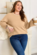 Tan Plus Size Leopard Bow Decor Split Cuffs Loose Sweater