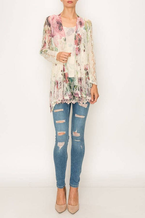 Origami Apparel ~ Lace and Crochet inspired - Feminine Stretchy Snug Long Sleeve Lace Cardigan - 493BIG ROSE