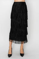 Origami Apparel ~ Multi Layered Fringed Black Midi Skirt - OLS-4794BK
