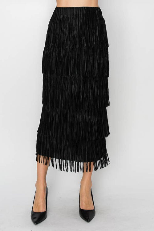 Origami Apparel ~ Multi Layered Fringed Black Midi Skirt - OLS-4794BK