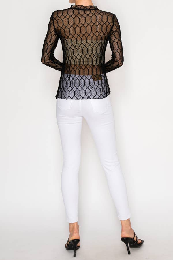 Origami Apparel ~ Lace and Crochet inspired - Sheer Lattice Mesh Long Sleeve Blouse - OLS-4866 BK
