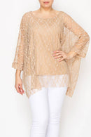 Origami Apparel ~ Lace and Crochet inspired - Subtly Glam Lace Overlay Top With Lining & Sparkles - 4853TAUPE