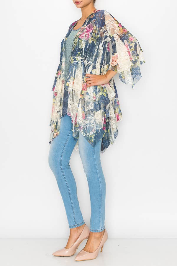 Origami Apparel ~ Lace and Crochet inspired - OLS-4618 BG/DENIM ROSE CARDIGAN