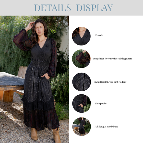 Young Threads - Boho Embroidered Ruffle Maxi Smocked Dress with Sheer Sleeve