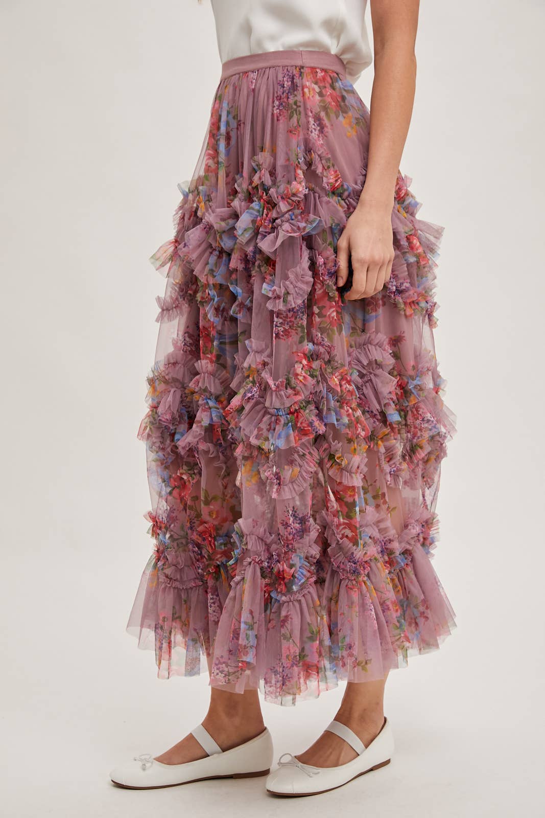 Bluivy - FLORAL RUFFLED MESH MIDI SKIRT