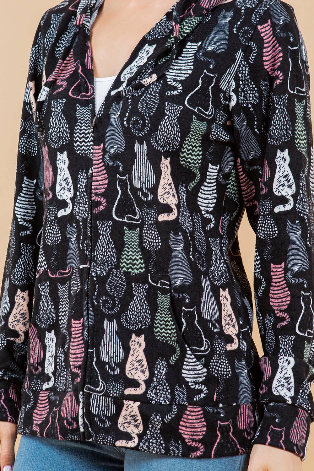 Cat Facing Backward Adorable Print Zipper Hoodie