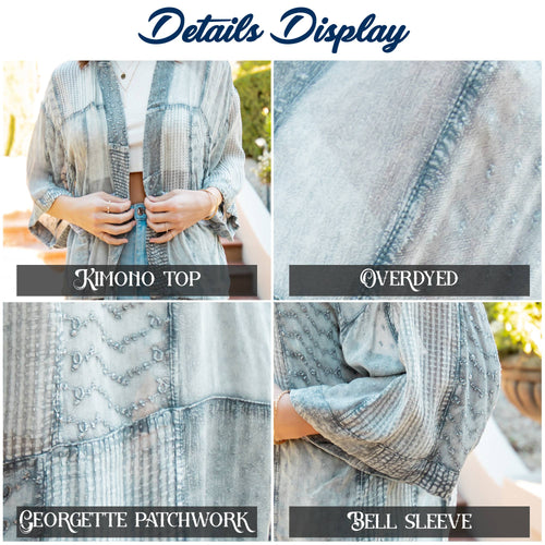 Close-up collage showing the embroidery, reverse side and fabric details of the Young Threads kimono shirt