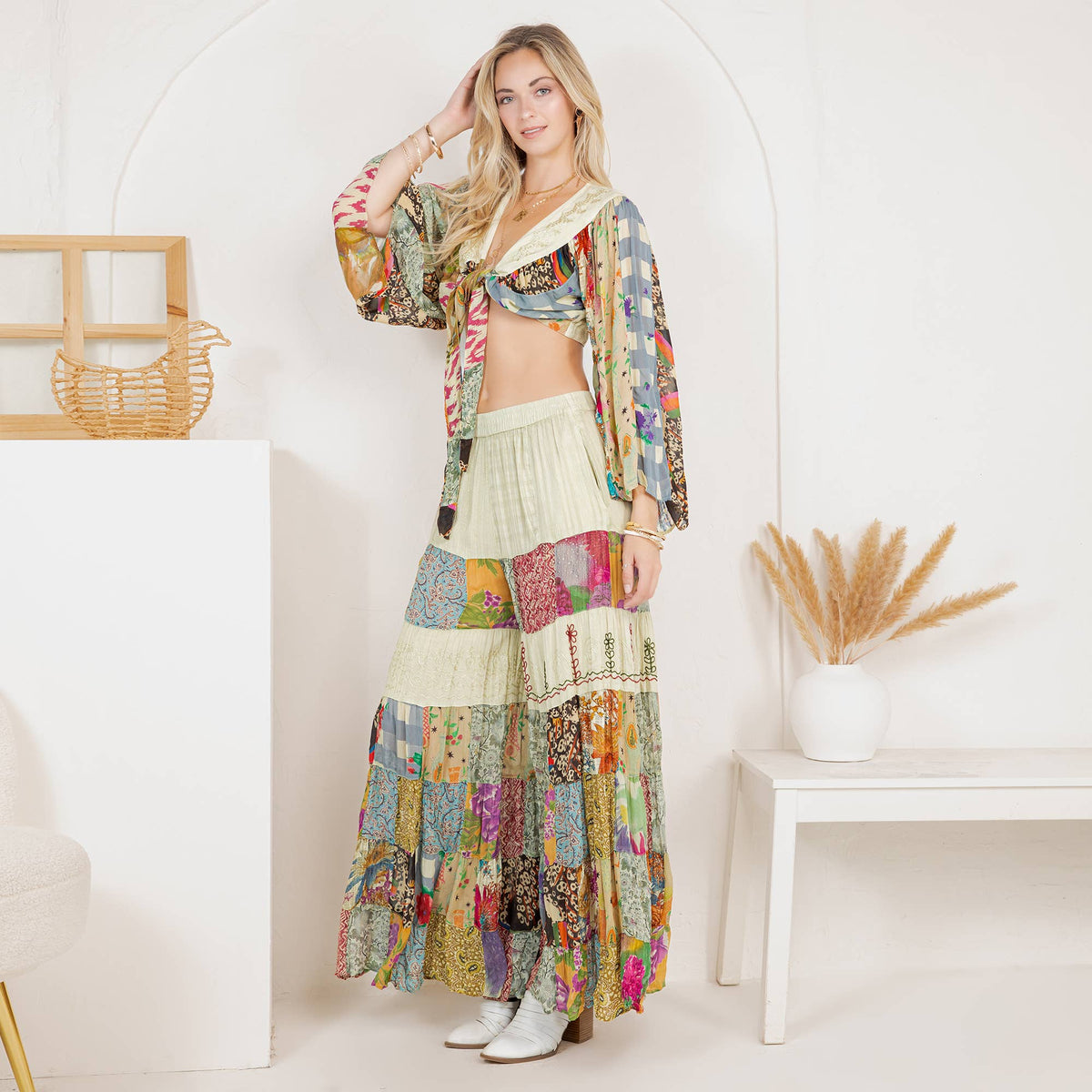 Young Threads - Bohemian Patchwork Set: Tie-Front Top & Flowing Tiered Pants