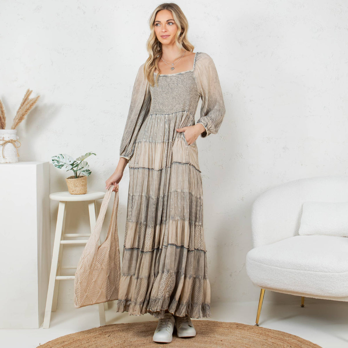 Young Threads - Rustic Bohemian: Smocked Patchwork Maxi Dress - New