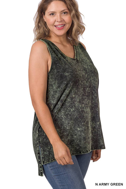 42POPS - ,,,,....SI-22151 Plus size Mineral Wash Top w/ Side Slit