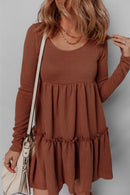 Straw Yellow Ribbed Frilled Trim High Waist Long Sleeve Mini Dress