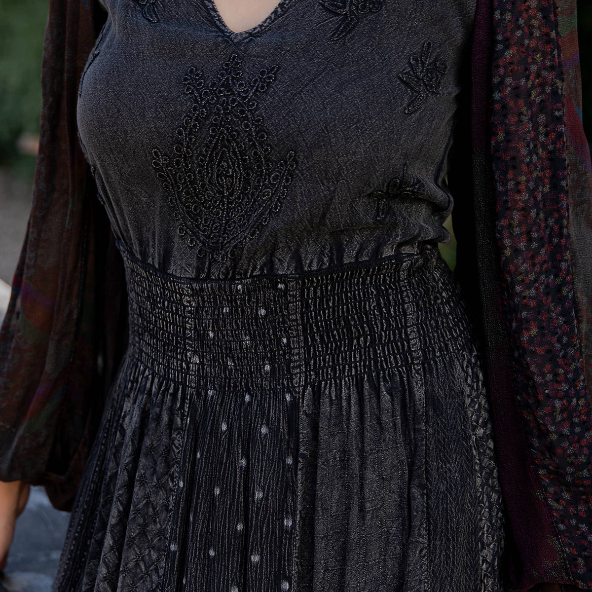 Young Threads - Boho Embroidered Ruffle Maxi Smocked Dress with Sheer Sleeve