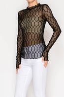 Origami Apparel ~ Lace and Crochet inspired - Sheer Lattice Mesh Long Sleeve Blouse - OLS-4866 BK