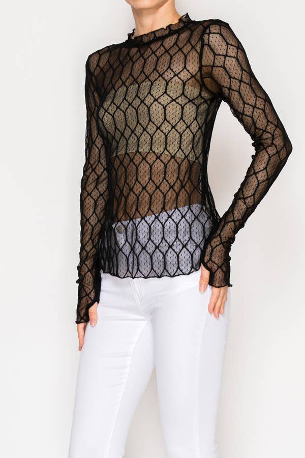 Origami Apparel ~ Lace and Crochet inspired - Sheer Lattice Mesh Long Sleeve Blouse - OLS-4866 BK