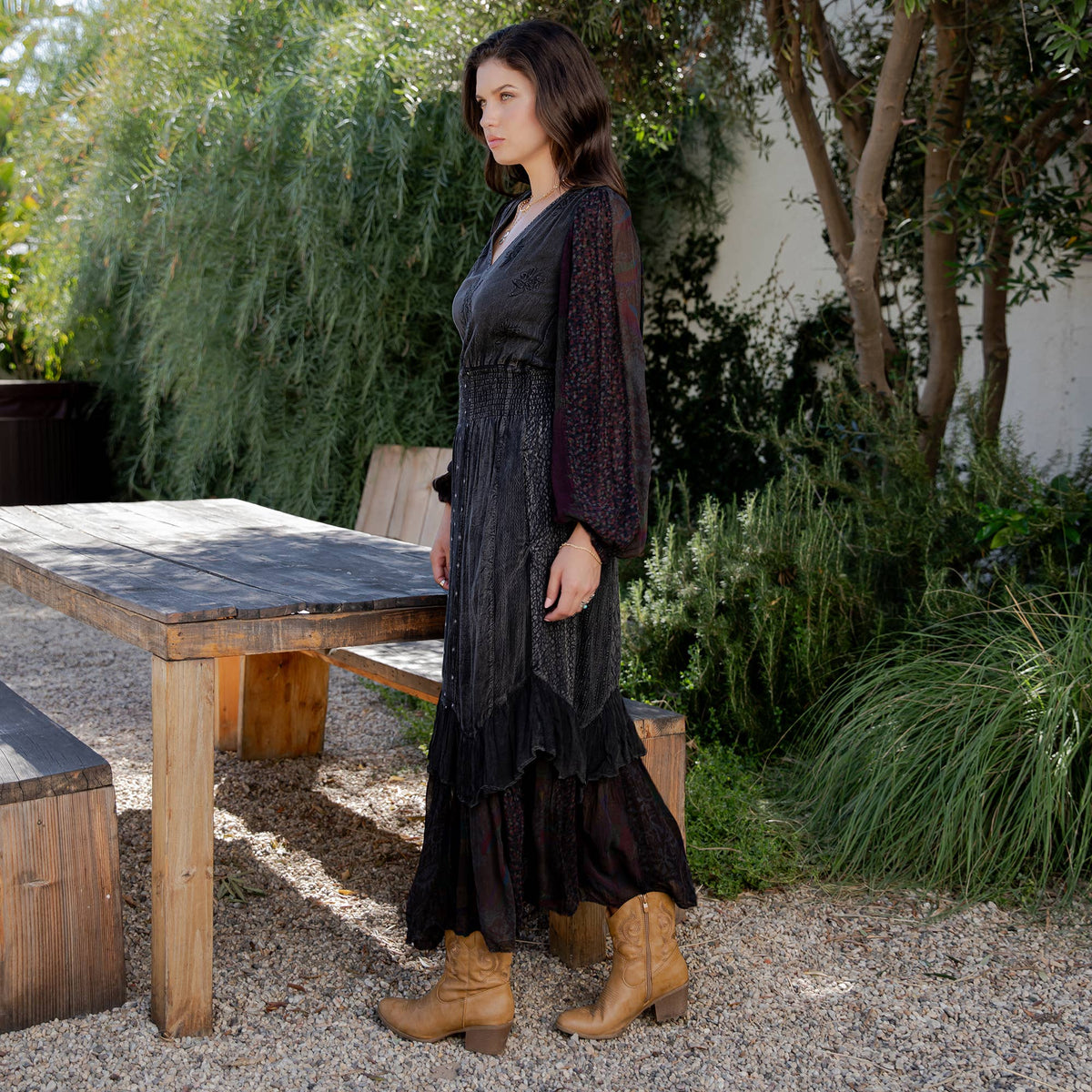 Young Threads - Boho Embroidered Ruffle Maxi Smocked Dress with Sheer Sleeve
