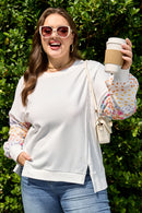 White Plus Size Exposed Seam Detail Contrast Dot Floral Patchwork Sleeve Sweatshirt
