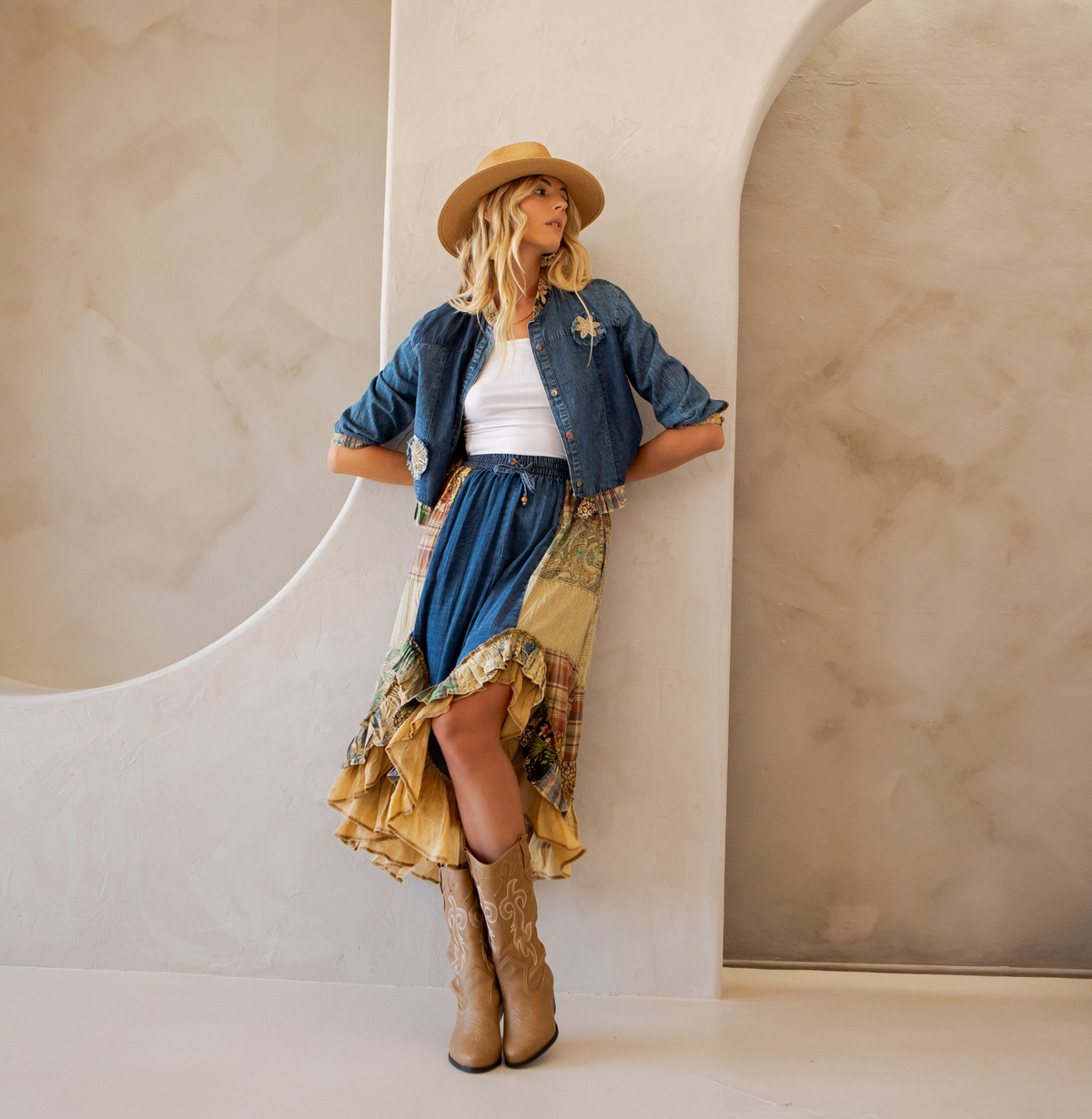 Young Threads - Western Boho Chic: Patchwork Cropped Denim Jacket