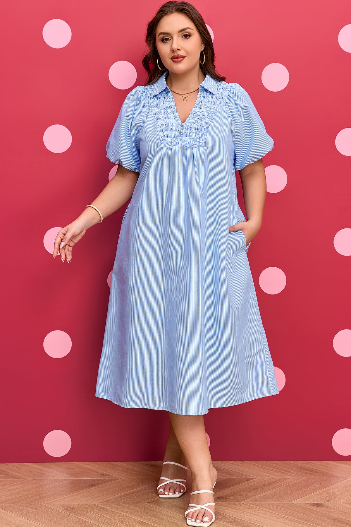 Sky Blue Stripe Shirred Detail Collar V Neck Plus Size Midi Dress