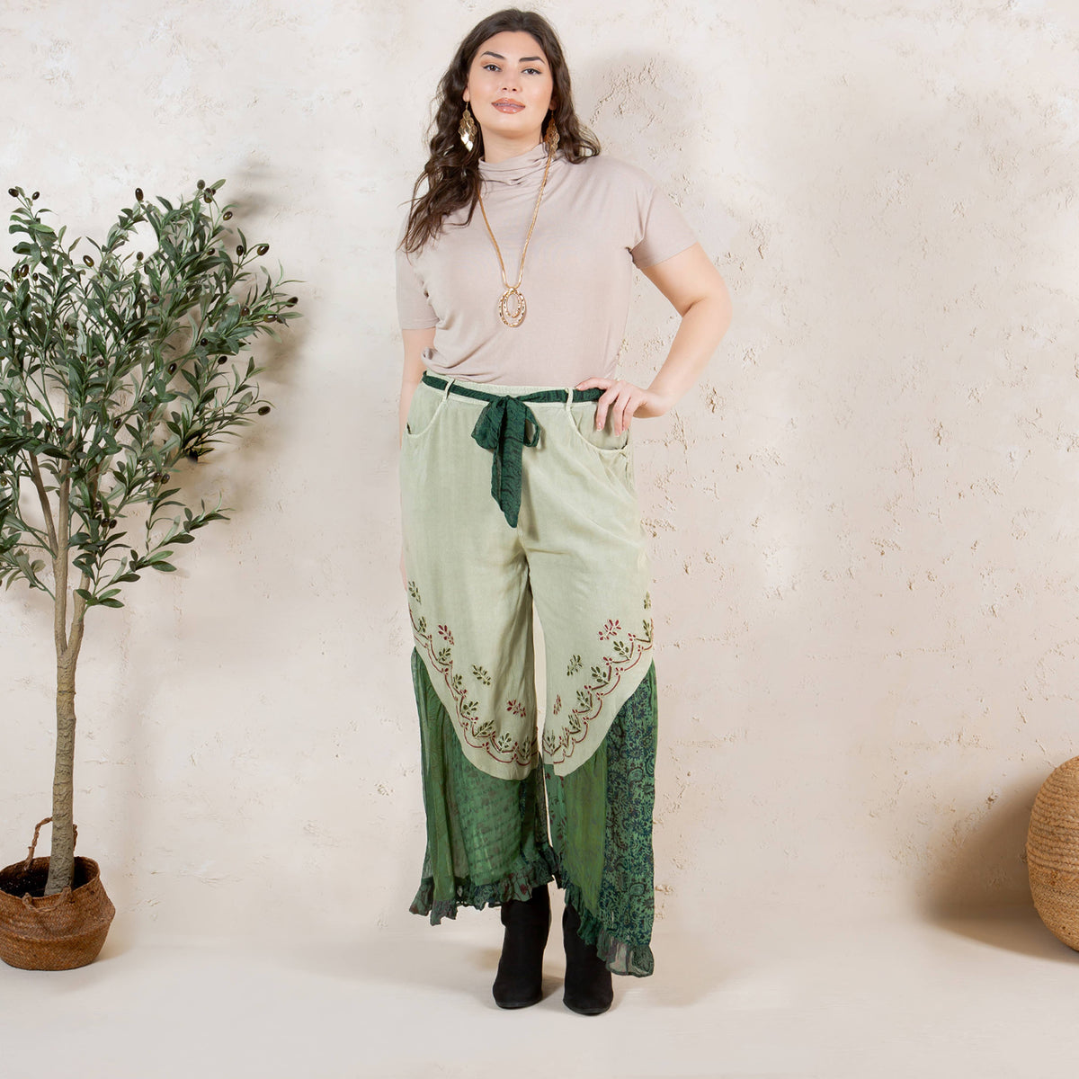 Young Threads - Boho Overdyed Rayon Bellbottom Pants : Gravel / PLUS (XL-1X-2X-3X 1-2-2-1)