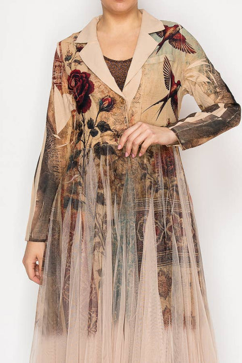 Origami Apparel ~ Lace and Crochet inspired - Chic Contrast Longline Blazer Jacket With Mesh Tulle Panel - 4773TP VINT BIRD