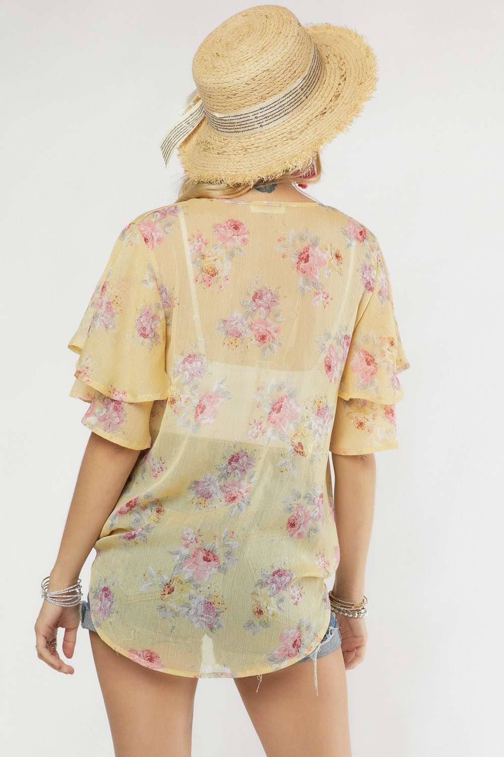 Madelyn - LYT14199A-PRINTED CROSS OVER FLARE SLEEVE TOP