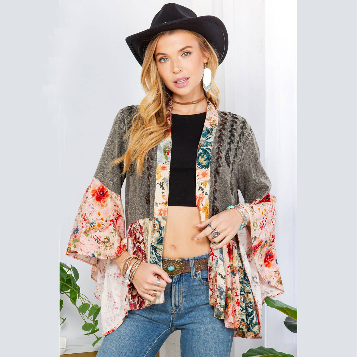 Young Threads - Printed Rayon Kimono Shrug with Embroidery (New Color)