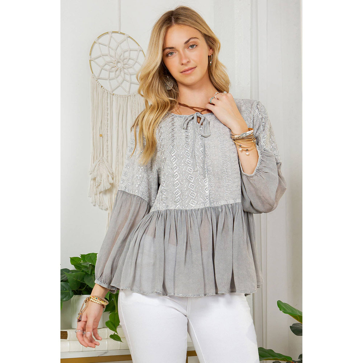 YOUNG THREADS - French Bohemian Peplum Top - Symphony Of Schiffli Embroidery