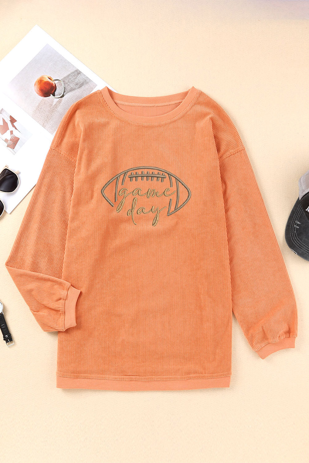 White Football Graphic Game Day Embroidered Corded Sweatshirt