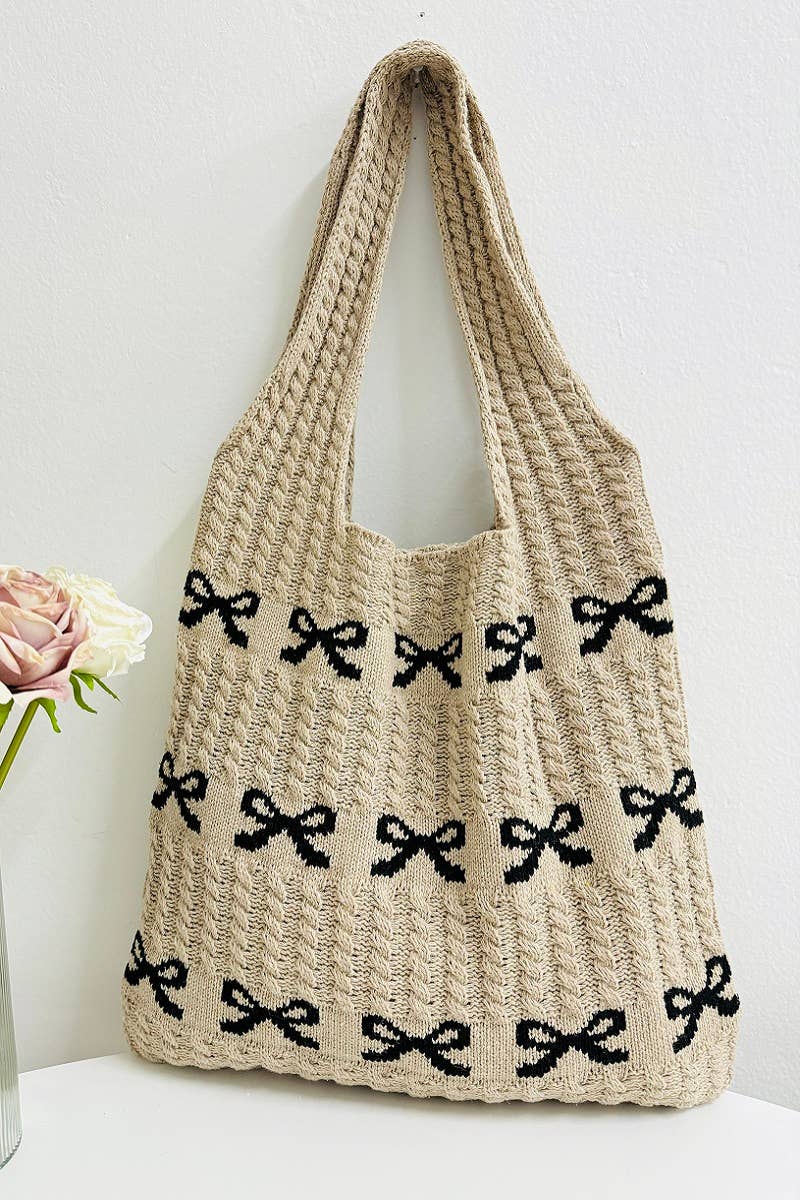 42POPS - ...._ SI-26483 Ribbon Pattern Knitted Crochet Tote Bag