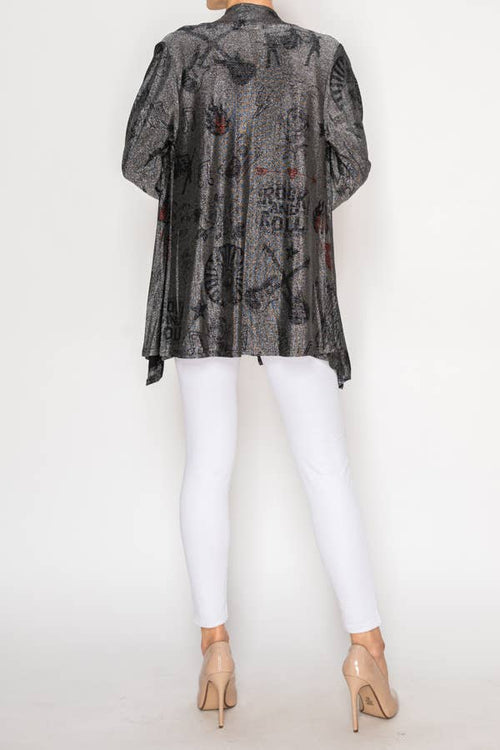 Origami Apparel ~ Lace and Crochet inspired - Rock & Roll Printed Shimmery Lurex Cardigan - OLS-4883BK-SIL RNR
