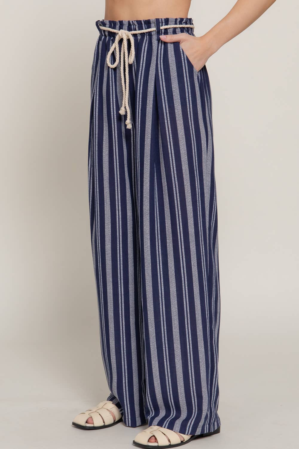 42POPS - ...SI-27859 Rope Belted Stripe Print Linen Effect Pants w/ Pock