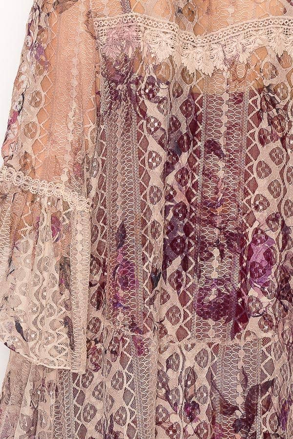 Origami Apparel ~ Lace and Crochet inspired - Ethereal Lace Tiered High-Low Kimono Cardigan - 4508 TAUPE/2 ROSE